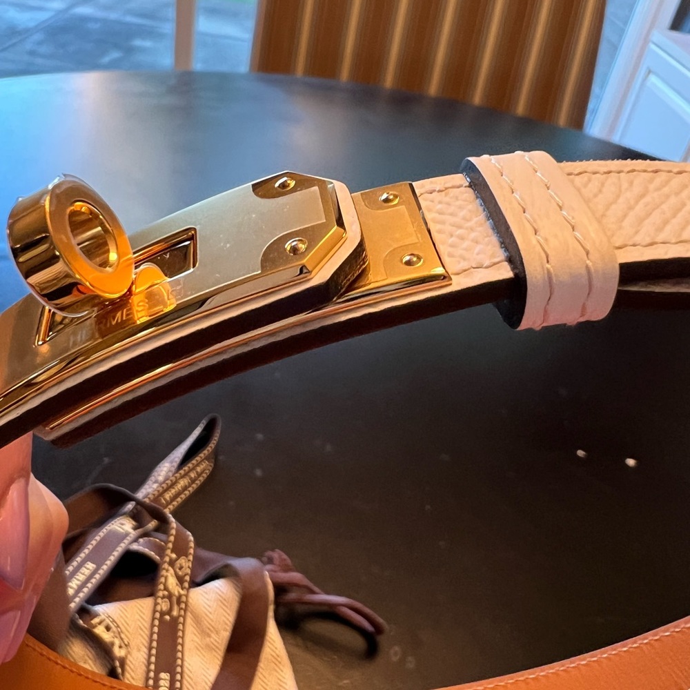 SOLD !!!  HERMES KELLY BELT - white w yellow gold.  NEW w box and collateral